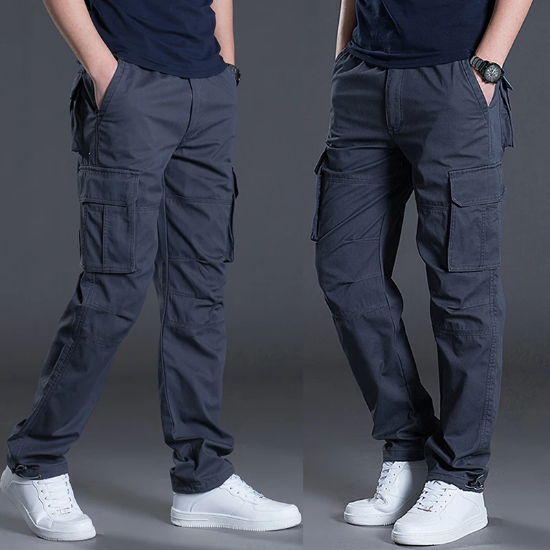 Pure Cotton Work Trousers Men's Loose Straight Leg Thin Workwear Pants Multi Pockets Casual Summer Lightweight Cotton Jeans
