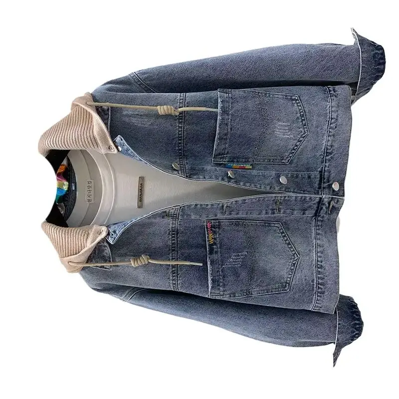 

Cowboy Jacket Women Loose Korean Style Trendy Detachable Hat 2025 Spring Female Internet Embroidery Famous Wrkwear Denim Jacket