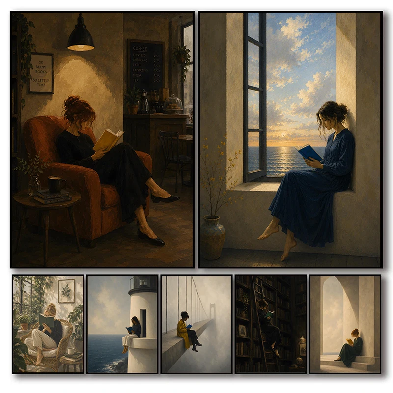 Ocean Window Reader Posters Book Lover Lighthouse Rooftop Modern Prints Canvas Painting Wall Art Pictures Home Living Room Decor
