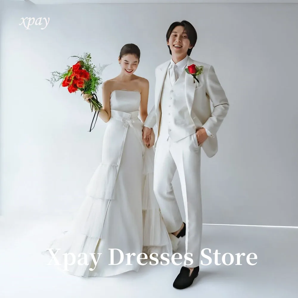 

XPAY Elegant A Line Wedding Dresses With Detachable Train Korea Photo shoot Strapless Tiered Bridal Gowns Customized Corset