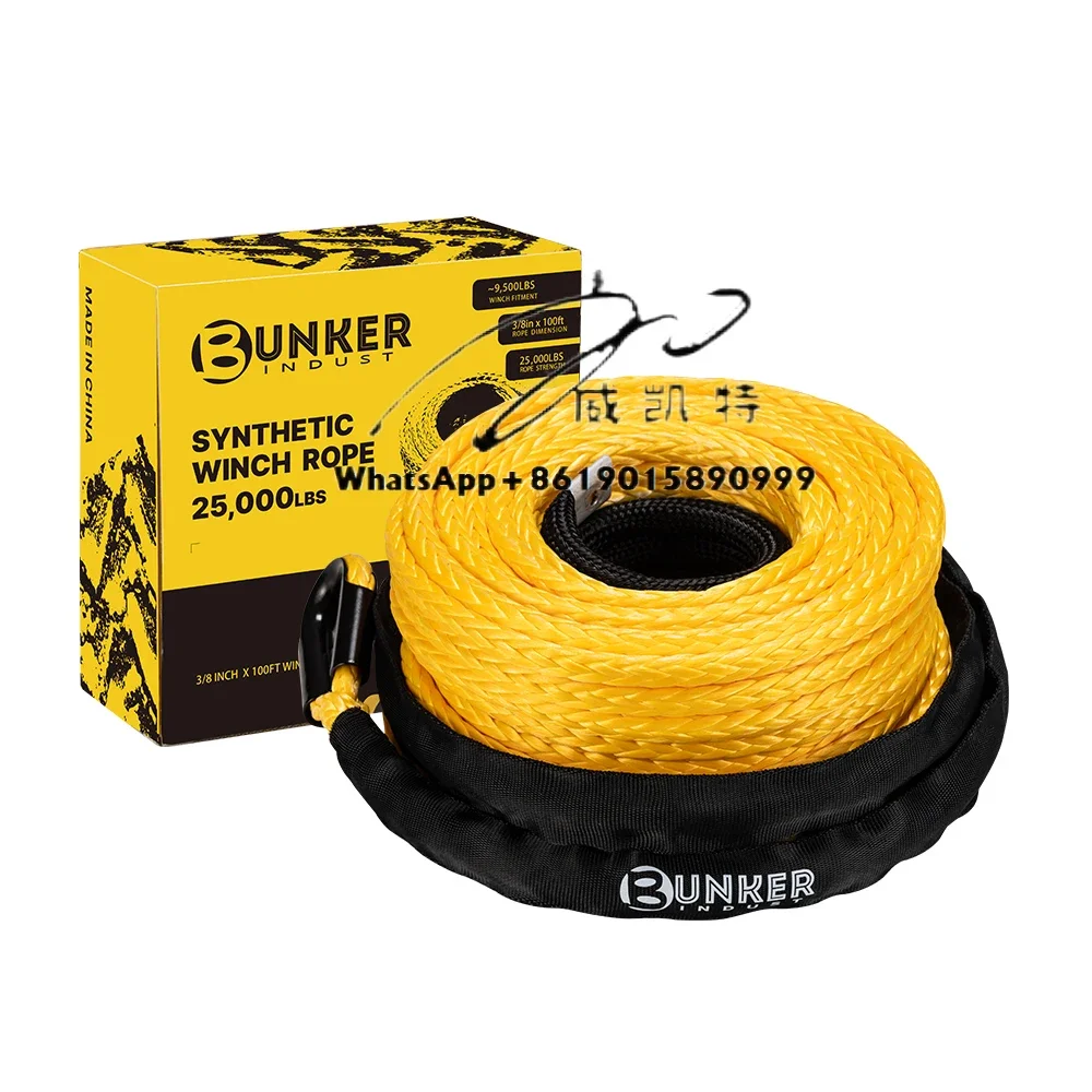 BUNKER INDUST 100FT 25000lbs 3/8 Inch 4WD Off Road Car Synthetic Winch Rope for 4x4 ATV UTV SUV Recovery