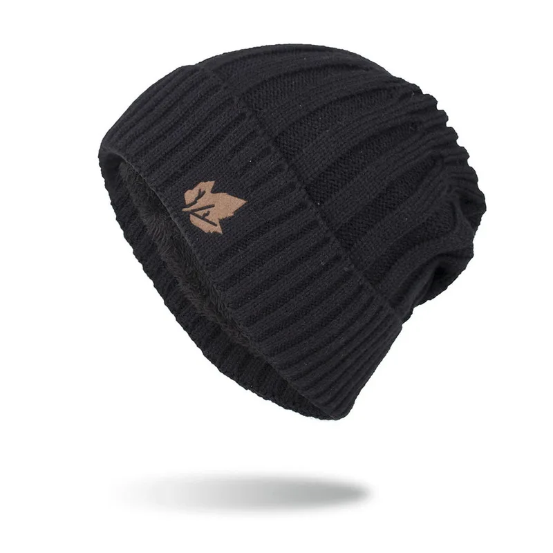 Zhongmei's new autumn and winter style, fleece-lined, embossed leaf pattern, short cuffed pullover knitted beanie