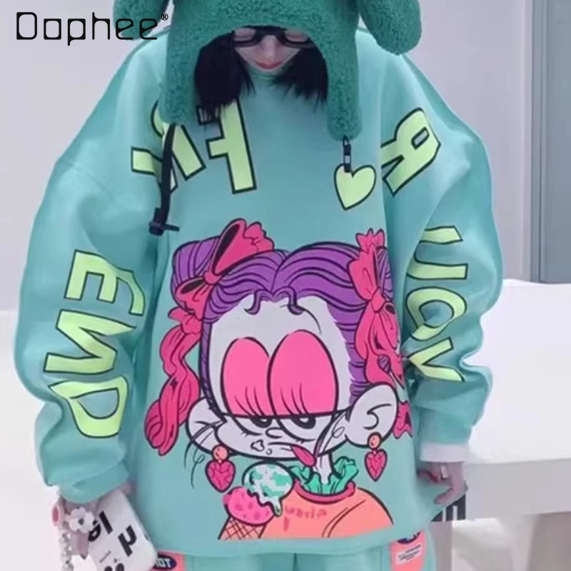 

Fashion Cartoon Printed Long-Sleeved Sweatshirts for Women 2023 Spring and Autumn New Loose Crew Neck Hoodie Coat Female