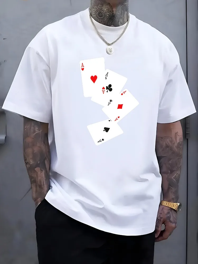 Mens Loose Fit Cotton Tee Four Aces Playing Cards Print Poker Game Lover Casual Male Short Sleeve Daily Streetwear Fashion Top