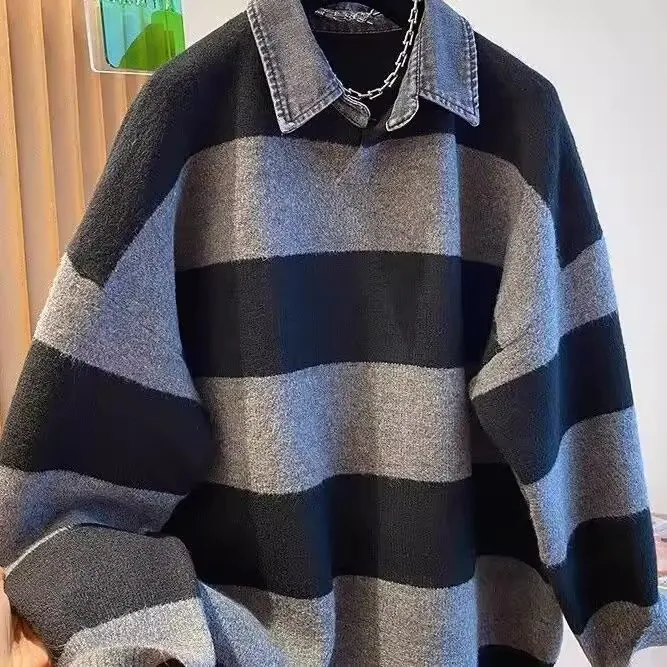 

Очень большой полосатый свободный вязаный свитер 300 Pou Lazy Sle, искусственный топ из двух предметов, высококачественный молодежный модный свитер Sensation