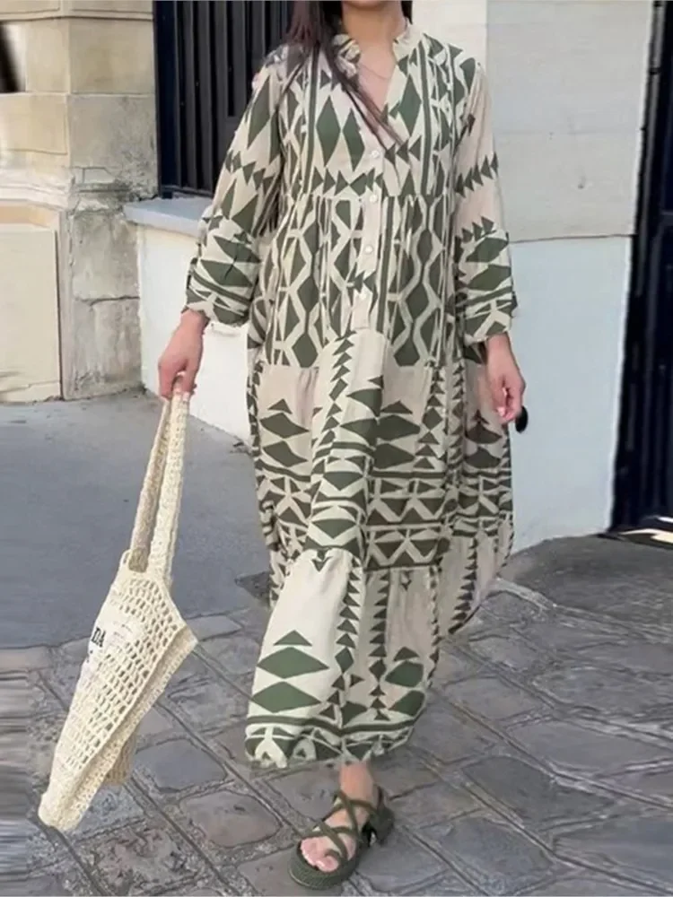 

Women Print Long Sleeve Boho Dress V-neck Long Sleeve High Waist Single Breasted Long Skirt New Holiday Loose Casual Vestidos
