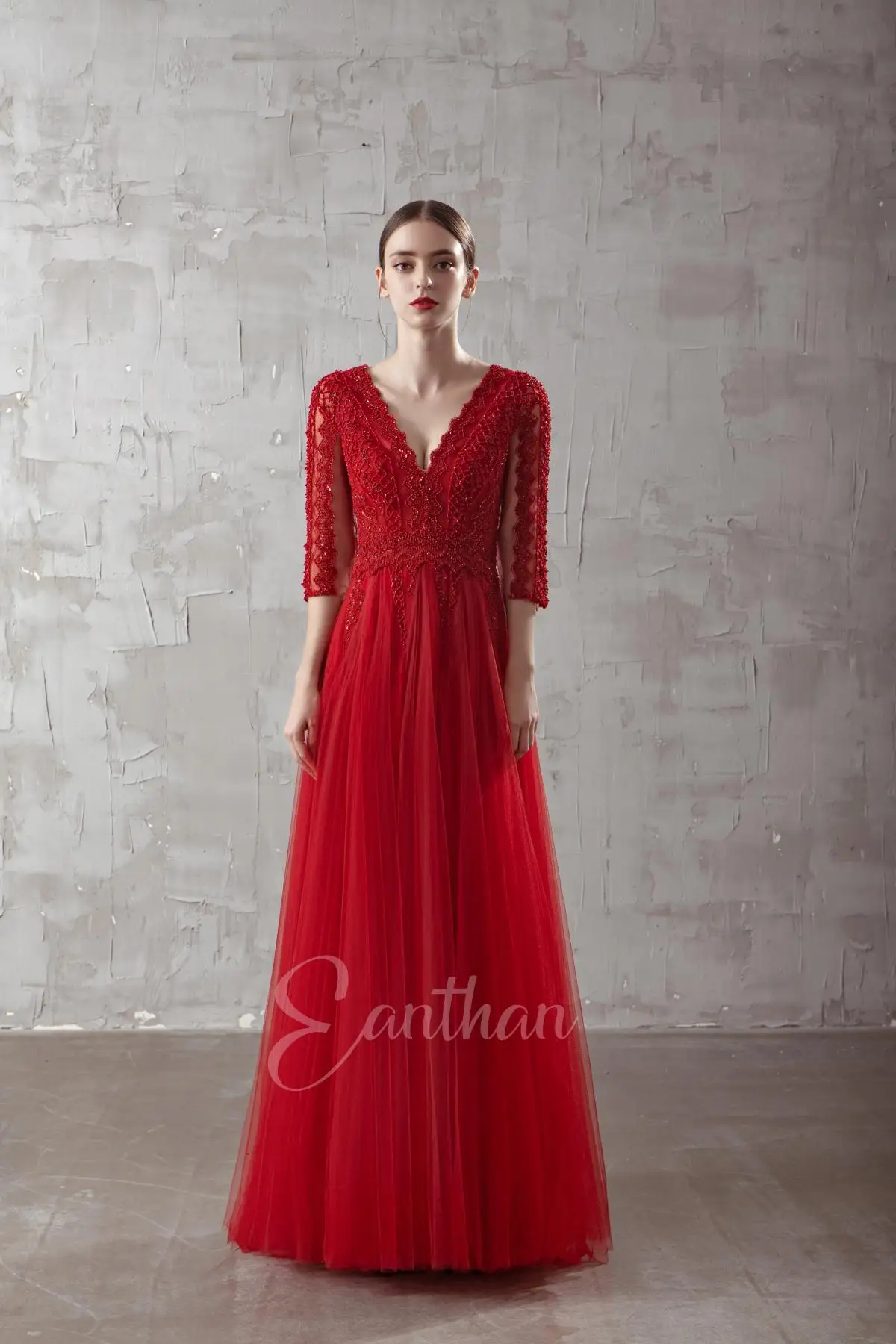 Real Pics-Robe de soirée en dentelle rouge, manches longues, col en V, dos en V, perles à la main, robe de cocktail, robe de soirée éducative, quelle que soit la longue