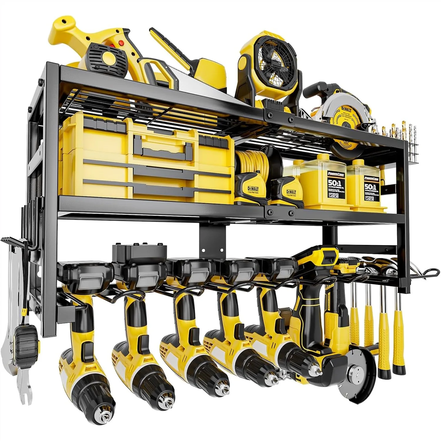 

Heavy Duty Power Tool Organizer Wall Mount 320 lbs, 3 Layer Storage Rack with 9 Drill Holders & Battery Storage for Garage