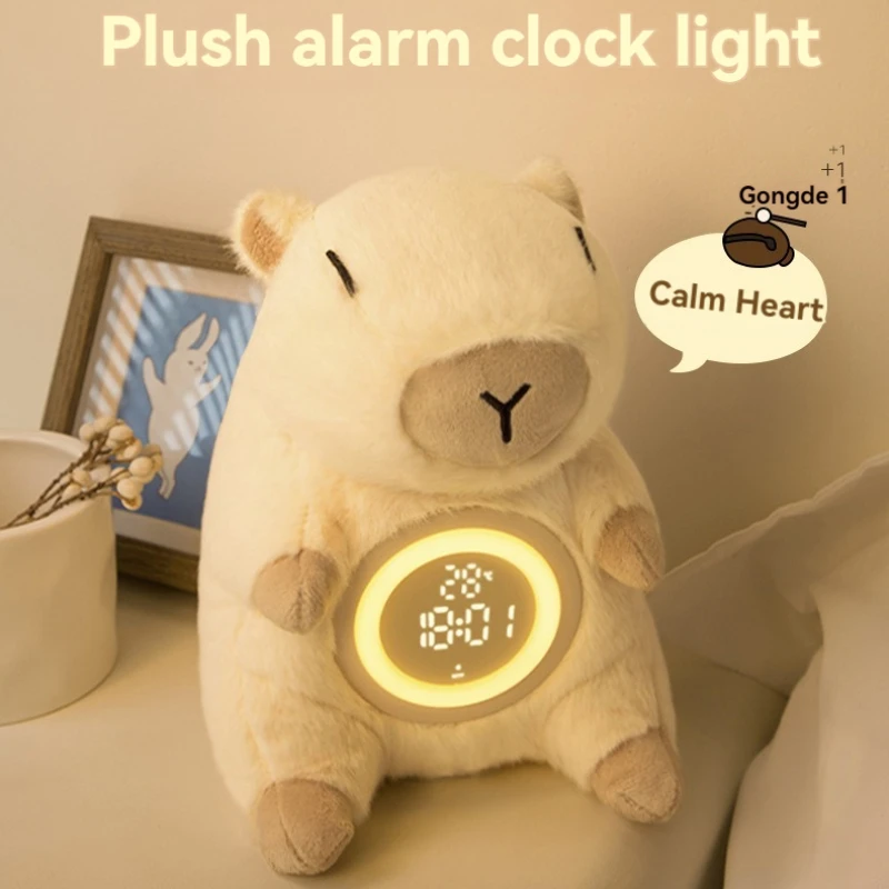 Adorable capibara de felpa con alarma Dual, luz nocturna, brillo ajustable, pantalla de temperatura y tiempo, reloj de dibujos animados para dormitorio de niños