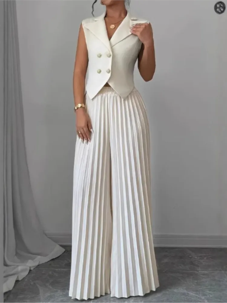 

New Women's Fashion Vest Vest Pleated Skirt And Pants Set Summer Temperament Elegant And Simple Solid Color Trousers Sets