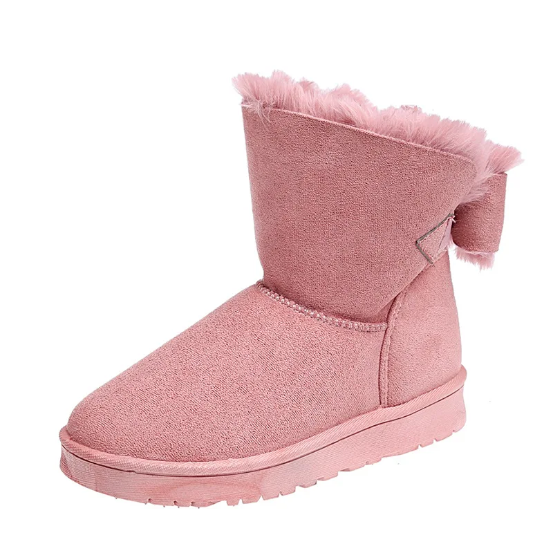 Ladies Snow Boots Elegant with Low Female Shoes Heels Suede Half High Mid Calf Round Toe Pink Anti Slip Trend 2024 Furry Gyaru