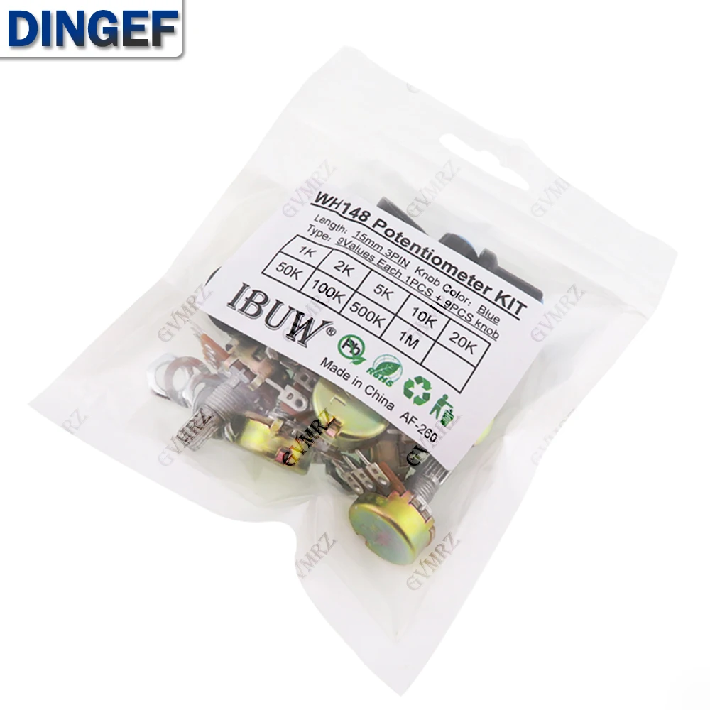 18PCS (9Values + 9Knobs) WH148 Potentiometer Kit (1K-1MΩ 15mm 3PIN) with Blue Knobs for Audio Equipment & DIY Circuit Adjustment