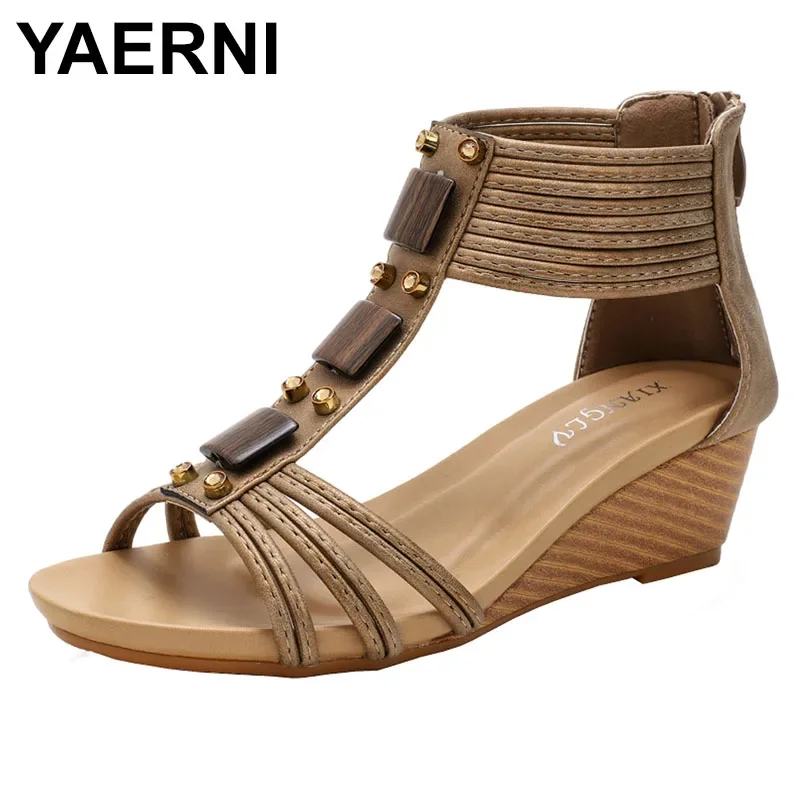 YAERNI vintage style Wedge sandals for women  rhinestone Bohemia ethnic style Roman shoes mom shoes beaded shoe