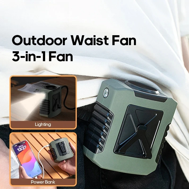 Mini 8000mAh Travel Wearable Waist Fan Camping Outdoor Rechargeable Cooling Fan With Night Light and Power Bank Air Circulator