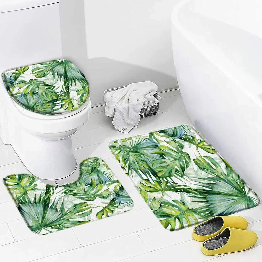 Tropical Leaves Bath Mat Set Watercolour Palm Leaf Monstera Plant Home Floor Carpet Bathroom Decor Non-Slip Rug Toilet Lid Cover