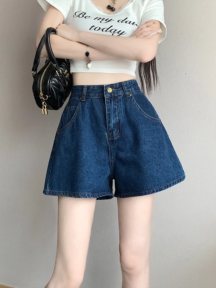 

Джинсовые шорты Deep Blue Denim для женщин, летние, с высокой талией, свободные, стройнящие, больших размеров, широкие штанины, А-силуэт, повседневные, из смесового хлопка