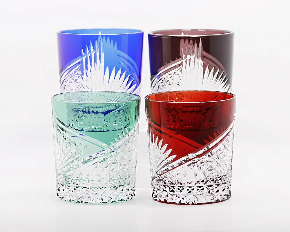Multi Color Edo Kiriko Crane Hand Cut Crystal Whiskey Glass Heavy Bottom Old Fashioned Rocks Cup