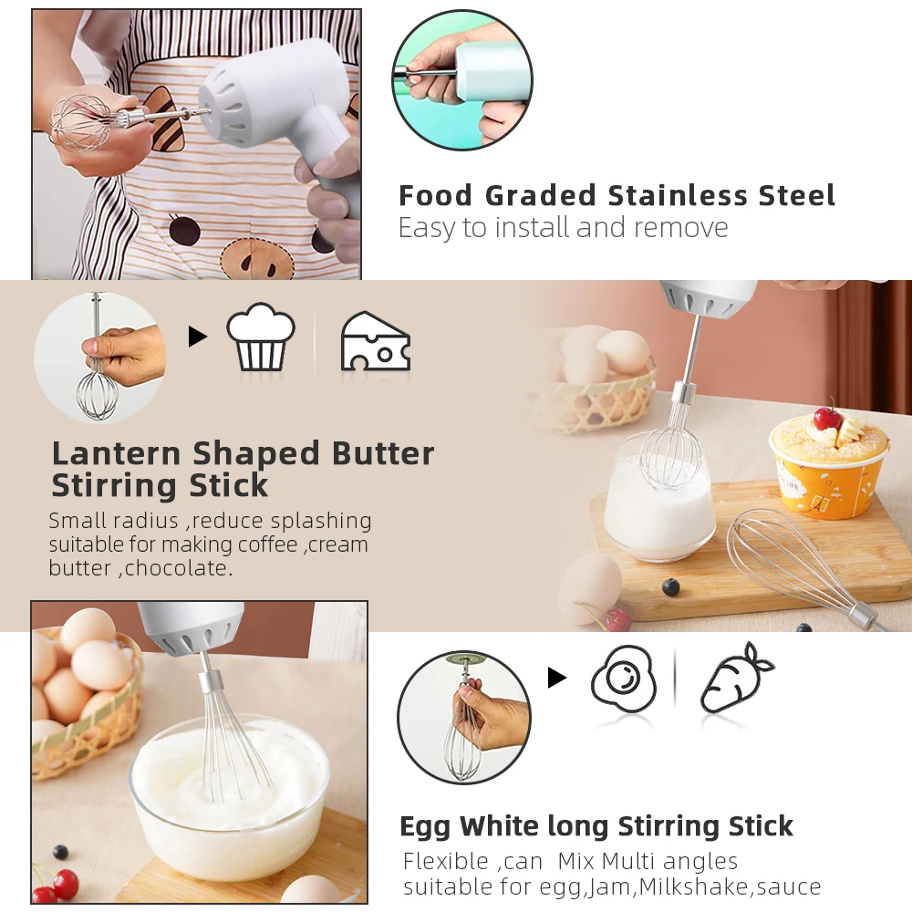 Wireless Electric Food Mixer Portable 3 Speeds Egg Beater Baking Dough Cake Cream Milk Frothers Kitchen Tools