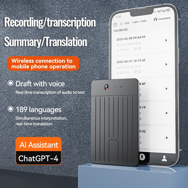AI بالطاقة ChatGPT-4 App المكالمات الهاتفية مسجل صوتي Espia 8GB-128GB ترجمة Summarize اللغة جهاز الصوت الإملاء الصوتي