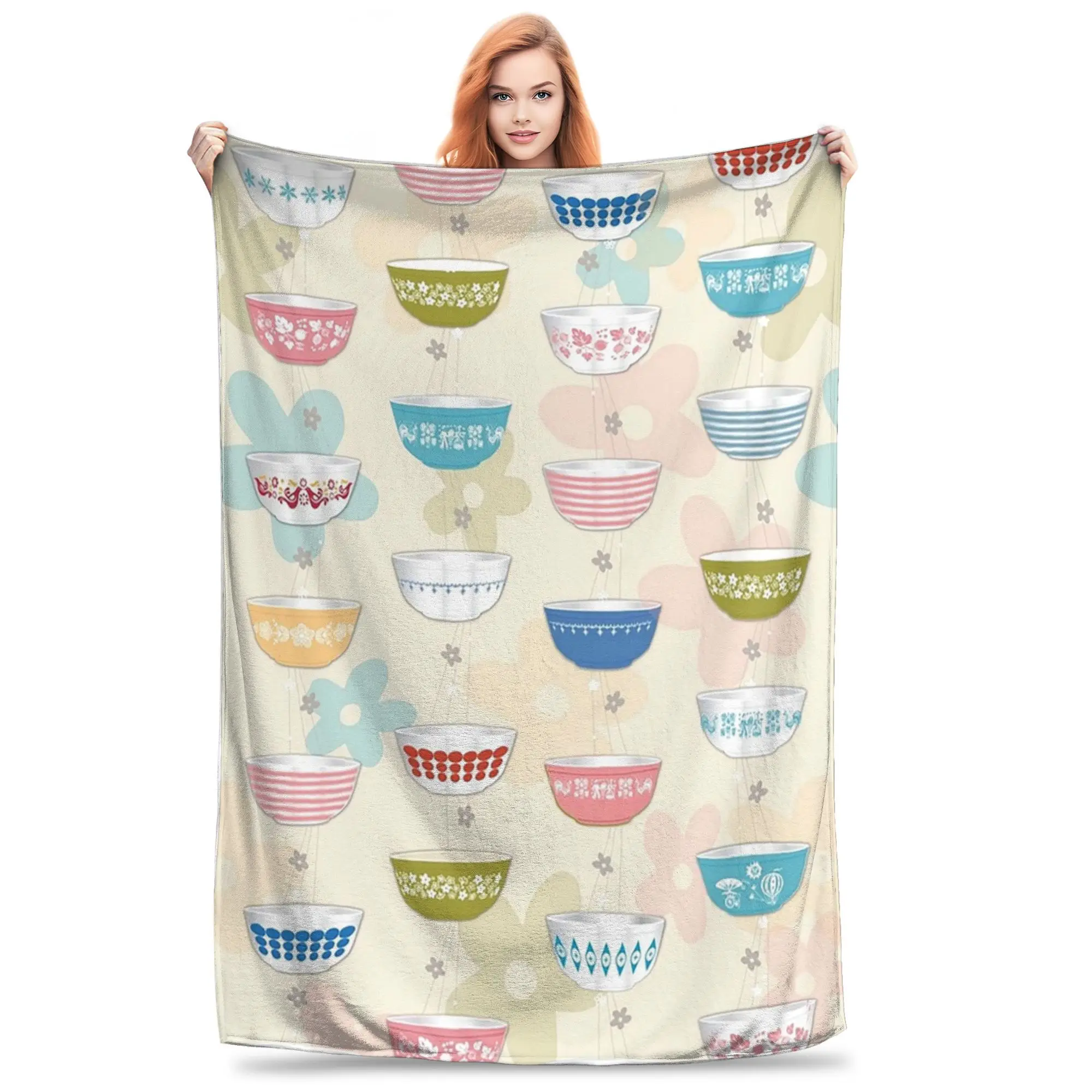 Vintage Pyrex Bowls Collection Blanket Soft Warm Flannel Throw Blanket Bedding for Bed Living room Picnic Travel Home Couch
