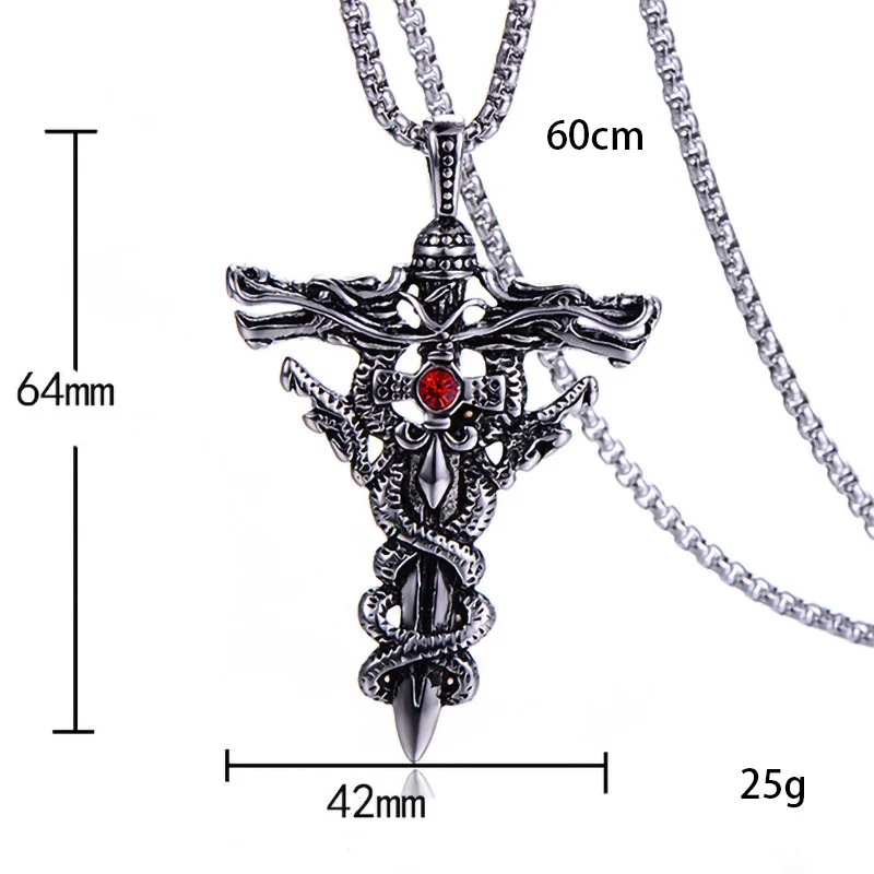 New Punk Fashion Titanium Steel Necklace for Men Alloy Double Dragon Sword Pendant Choker  Vintage Evil Eye Cross Jewelry Gift