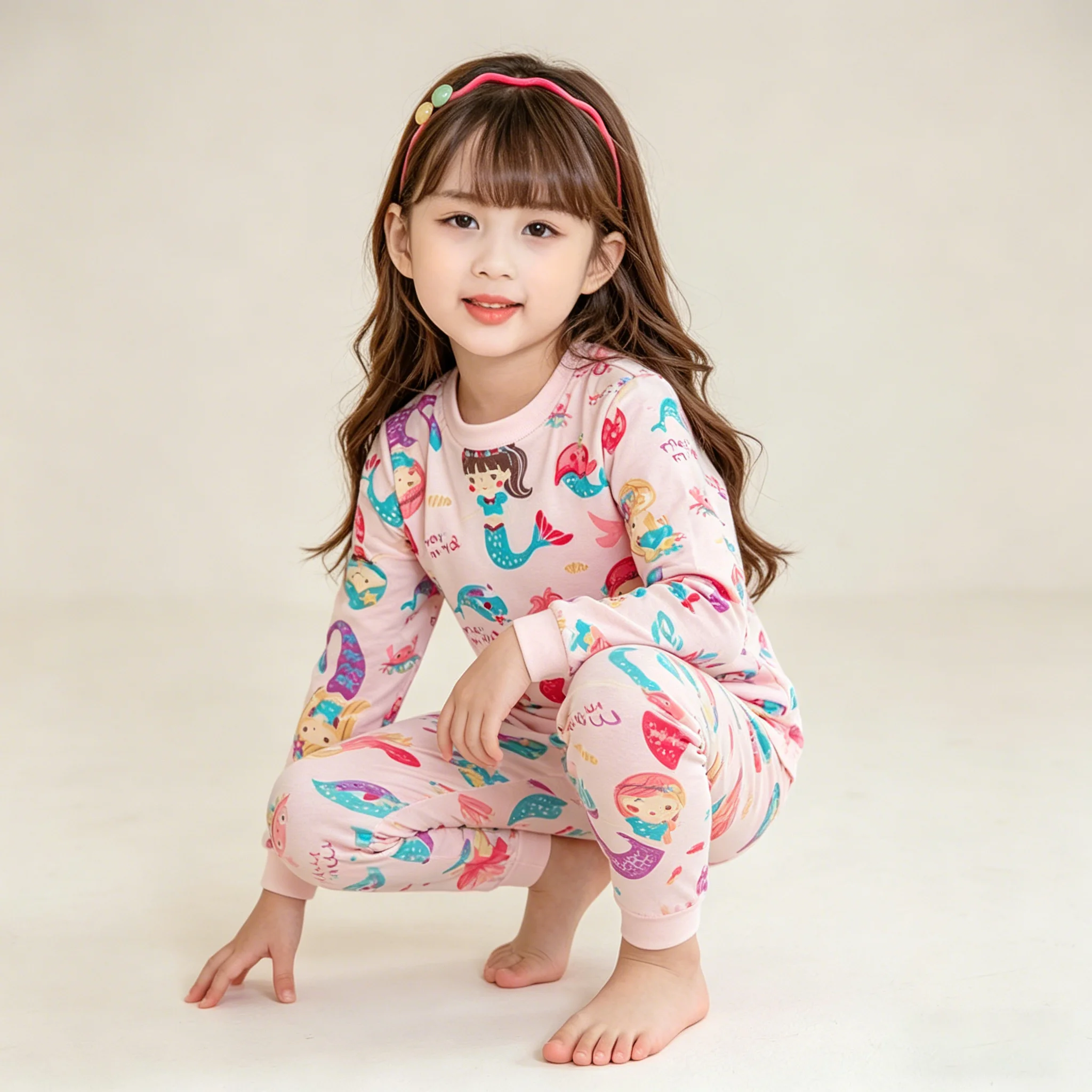 Kinder Mädchen Baumwoll-Pyjama-Set Cartoon Meerjungfrau-Druck Herbst Frühling Thermounterwäsche Kleinkind Langarm-Schlafanzug Homewear 2-teilig – Detail 6