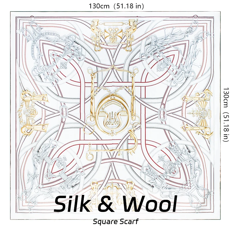 Autumn and Winter Warm Scarf 30% Pure Natural Silk+70% Wool 130x130CM Double-sided digital printing green shawl Equestrian print
