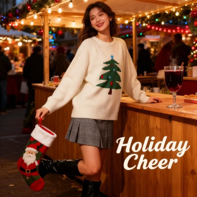 

Vintage Christmas Tree Sweater for Women Retro Jacquard Knit Pullover for Ugly Holiday Party and Themed Gathering