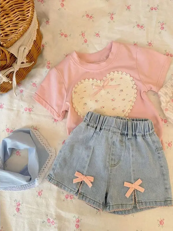 

Summer Knot Pink ort Sve Denim orts Set for Girls Korean Sle Cotton Two-Piece Suit Commute Friendly