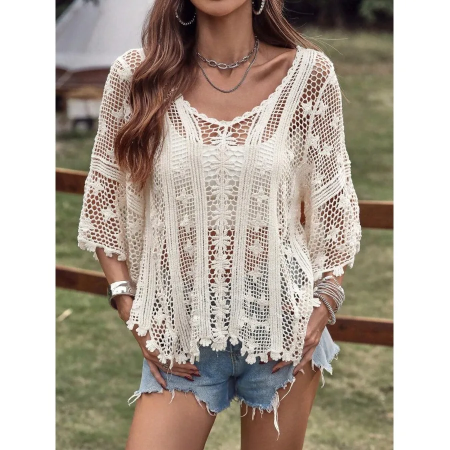

Summer New Sle Women's V-ne Knitted Hollow out Air Conditioning irt Sun Protection Cover up Loose Fit Street Sle Poly...