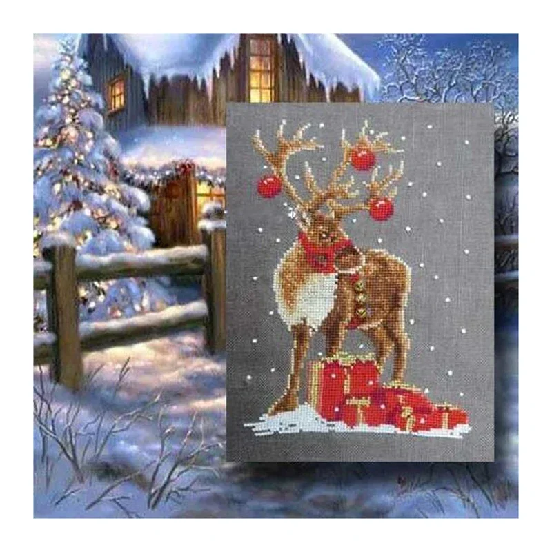 Amishop Gold Collection Counted Cross Stitch Kit Rudolf Christmas Elk Deer And Gift In Snow