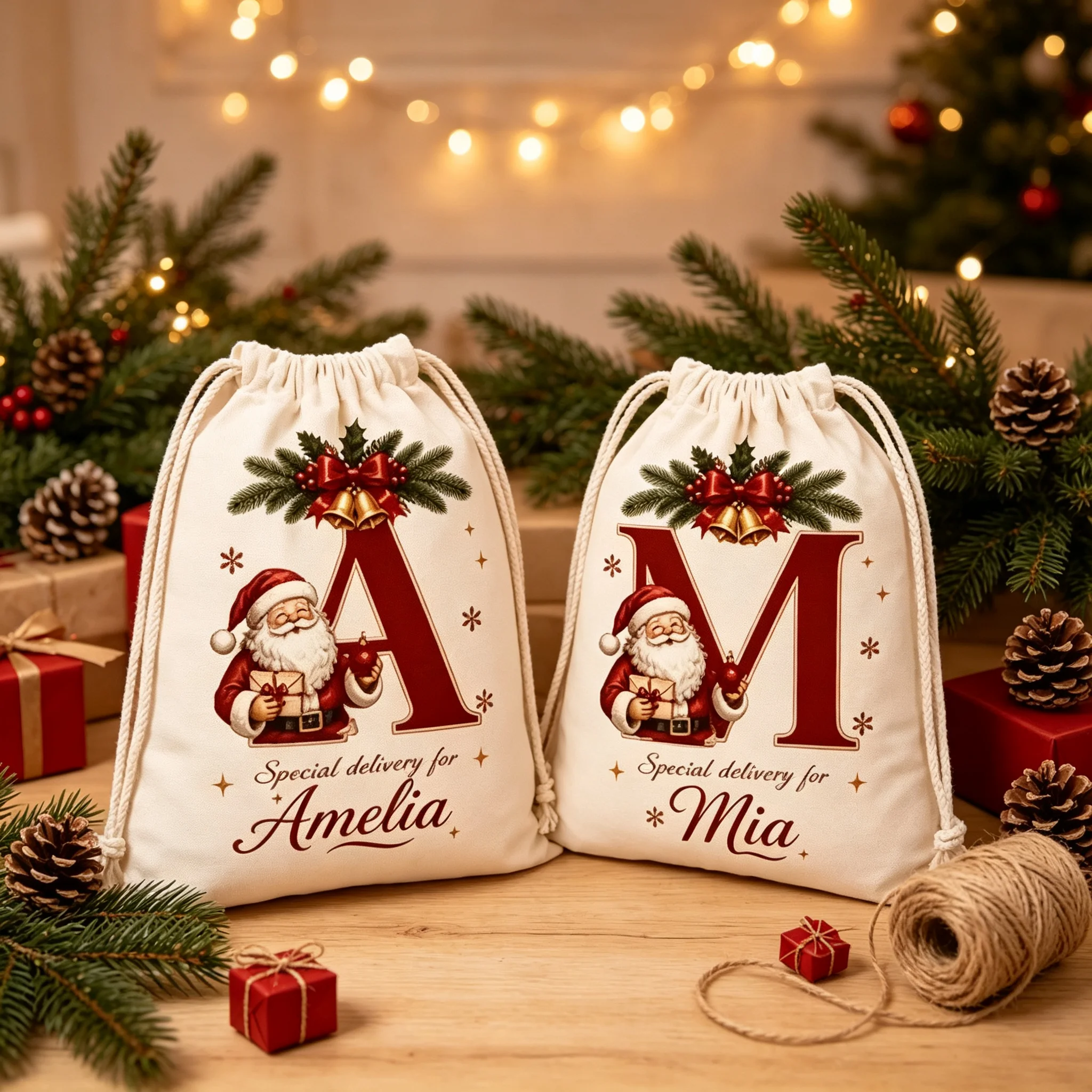 Custom Initial Christmas Santa Drawstring Sack Personalized Name Monogram Letter Gift Bag Special Delivery Xmas Sack for Kids