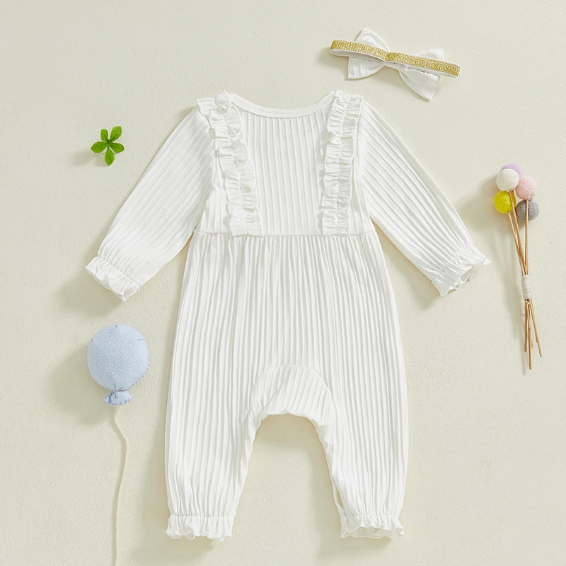 

Toddler Girl Floral Print Short Sleeve Romper with Matching Bow Headband and Ruffled Hem Detail for Spring Outfits