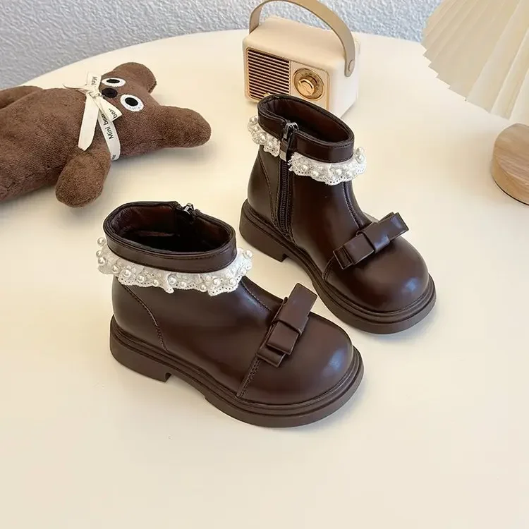 2024 Children Princess Short Boots for Girls Winter New Fashion Korean Style Soft Anti-slippery Versatile Chic Leather Shoes