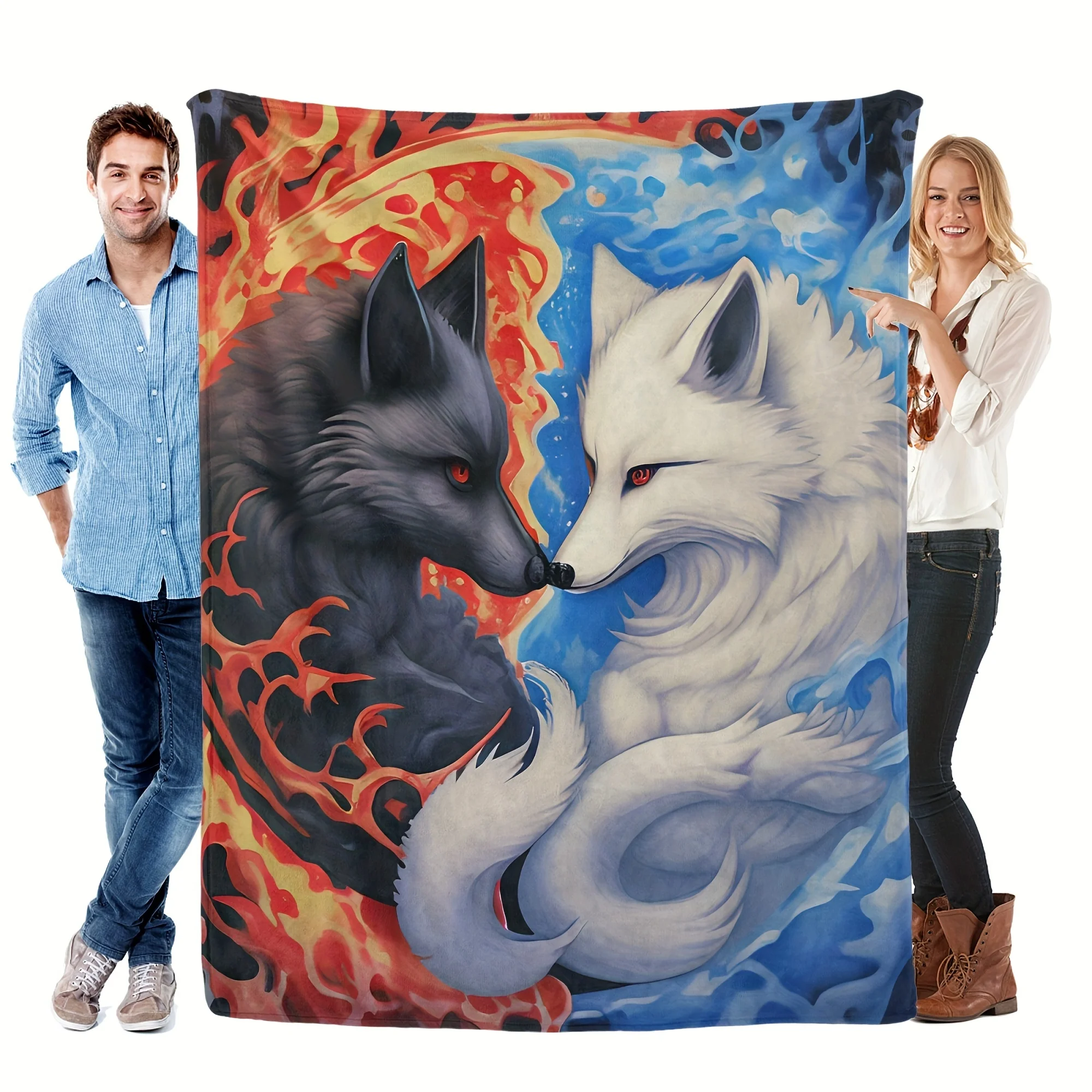 1pc Black & White Two Wolves Flannel Blanket - Yin-Yang Inspired Wolf Howling at Moon & Facing Each Other Design, Soft All-Seaso