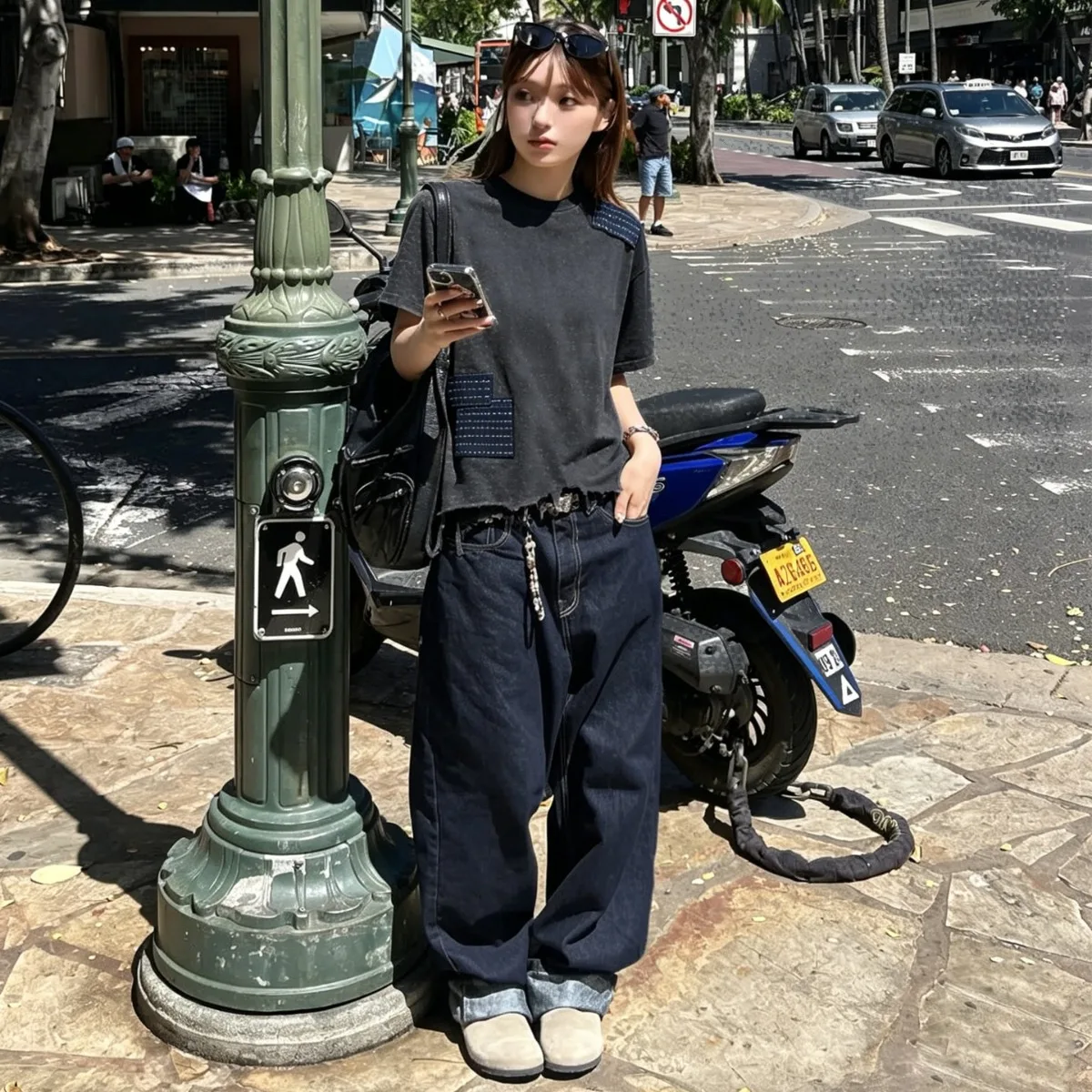 Indigo Patchwork Patch Loose Shoulder Sleeve Short Sleeved Tees Men's Trendy Casual T-shirt