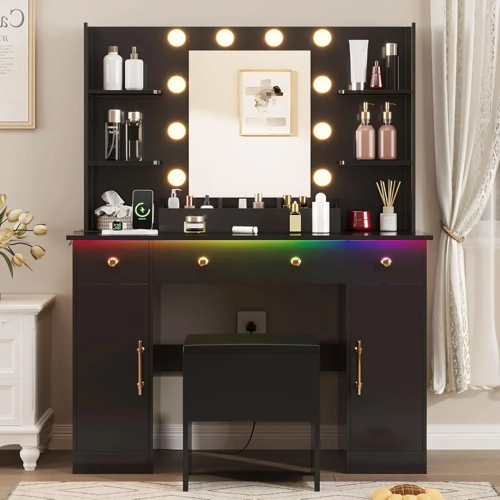 

Vanity Desk, Makeup Vanity Mirror with RGB LED Lights, Dressers with Charging Station, 3 Drawers and Chair, Vanity Desk