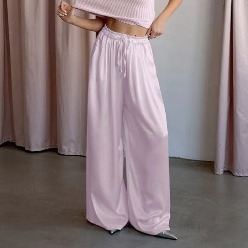 Elegant Satin Summer Pants for Women Smooth Wide Leg Pants Office Lady Casual Trousers Women Clothing
