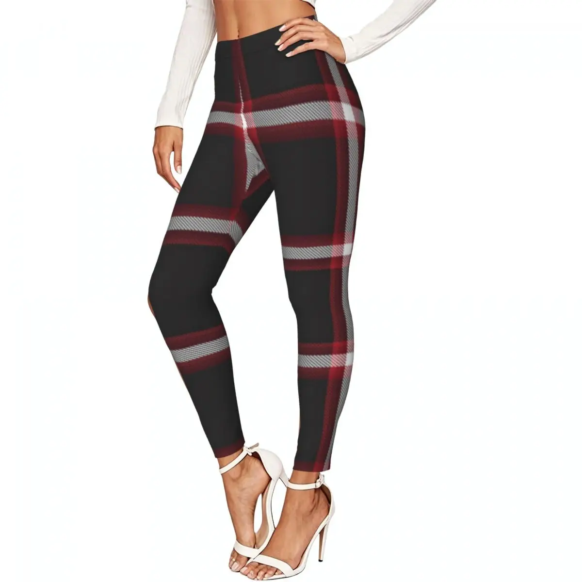 Women Full Length Elastic Leggings High Waist Tight Pants Red Ombre Plaid Texture Casual Bottoms