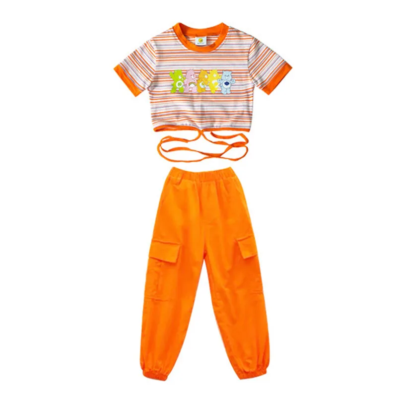 Hiphopkleding Voor Kinderen Schattige Streepjes Crop Top T-Shirt Oranje Street Jogger Cargobroek Voor Meisjes Jazz Dance Kostuum Kleding