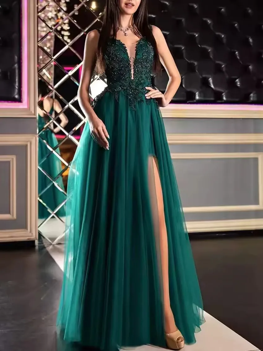 

Elegant Women Lace Applique Prom Dress2025 Spaghetti Strap A-line Wedding Party Dress Customized Side Slit Formal Evening Gown