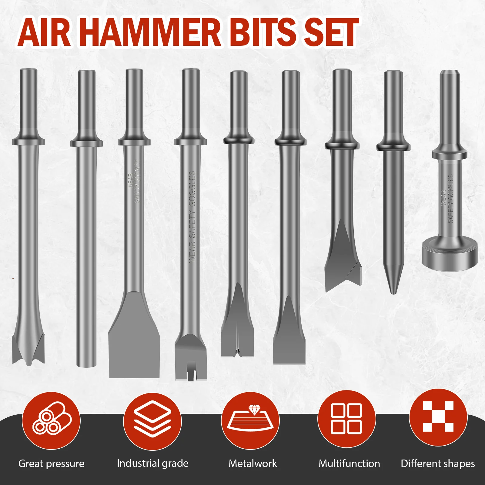9Pcs Metal Air Hammer Bits Set for Rust Removal Drilling Sturdy Pneumatic Chisel Set Versatile Air Chisel Bits for Tile Masonry