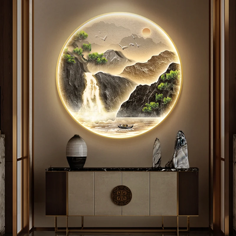

Mountains Flowing Water Landscape LED Wall Lamp Chinese Style Entrance Living Room Foyer Decor Hanging Painting for Home Decor