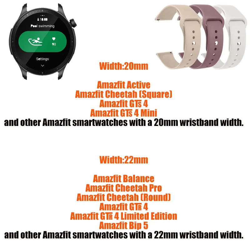 Amazfit GTS 4, 3, 2, 2e, GTS2 미니, GTR 42mm, 47mm, GTR 4/3 프로, 2, 2e 스포츠 시계 팔찌, Amazfit bip용 실리콘 밴드, 20mm, 22mm 스트랩