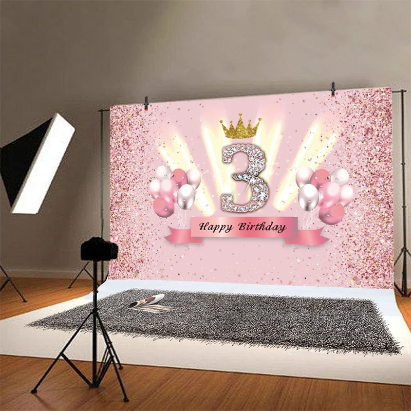 Pink 3rd Backdrop Glod Crown Newborn Baby Shower Princess Girl 3 Years Old Birthday Party Photo Background Photocall Prop Banner