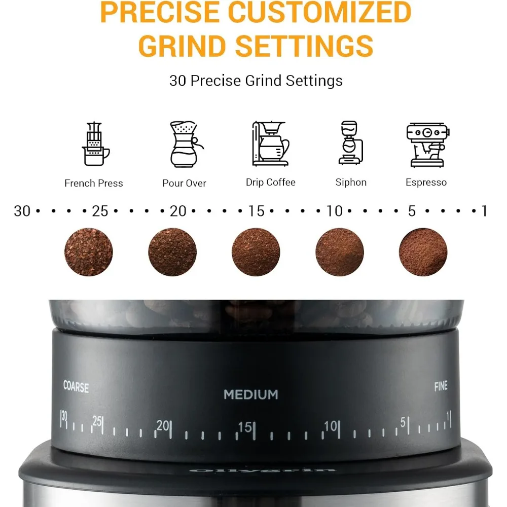 Coffee Grinders, Electric Espresso Coffee Grinder, 30 Adjustable Settings Precise Setting for 2-12 Cups, Coffee Bean Grinder