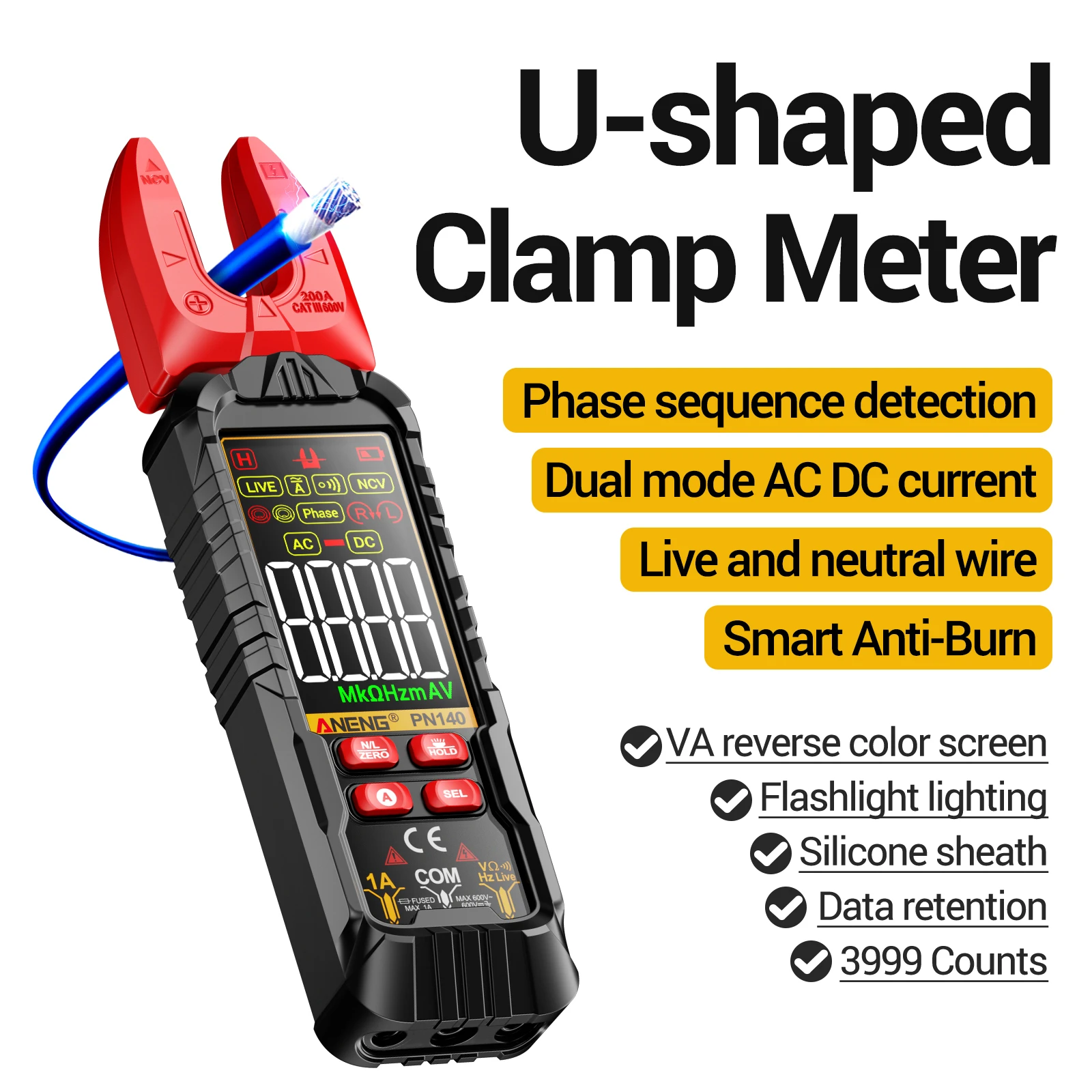 ANENG PN140 3999 Counts Clamp Meter AC/DC 200A Current 600V Voltage VA Color Screen 90° Rotating Jaw NCV Electrician Repair Tool