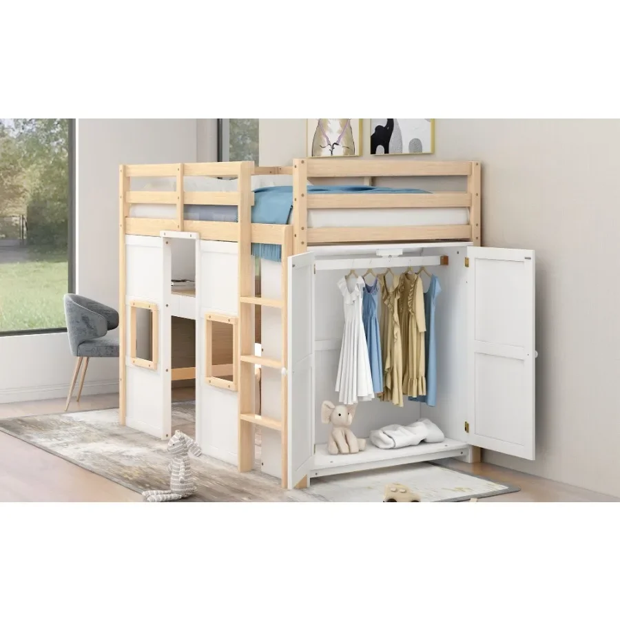 سرير علوي خشبي مزدوج الحجم مع خزانة تخزين مدمجة ونفذين طبيعي/أبيض