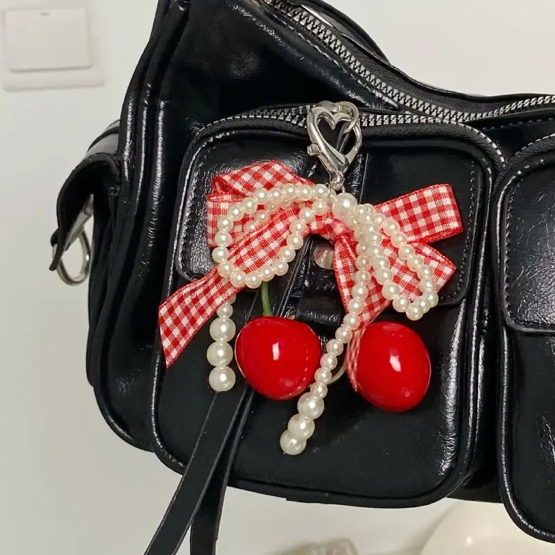 

Ins Style Cherry Plaid Bowknot Keychain Pearl Lace Charm Pendant Keyring Jewelry For Girl Women Gift Bag Decoration