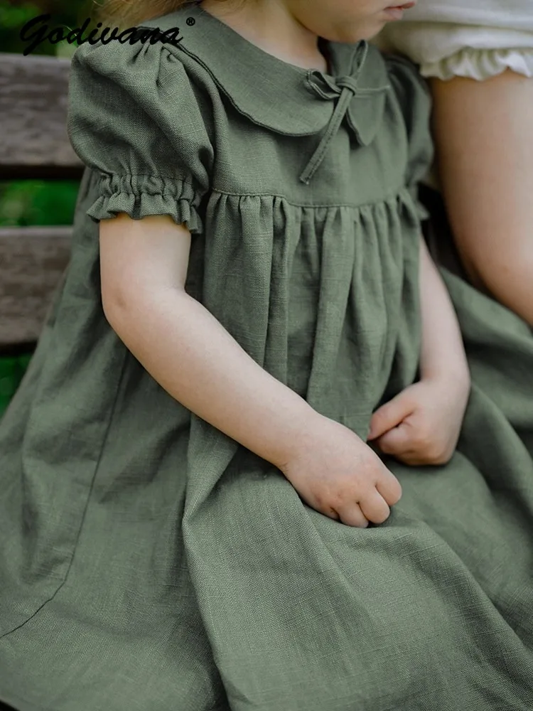 Tencel Linen Baby Girls Summer Dress Green Short Puff Sleeve Peter Pan Collar Loose Breathable Soft Mori Brief Casual Dresses